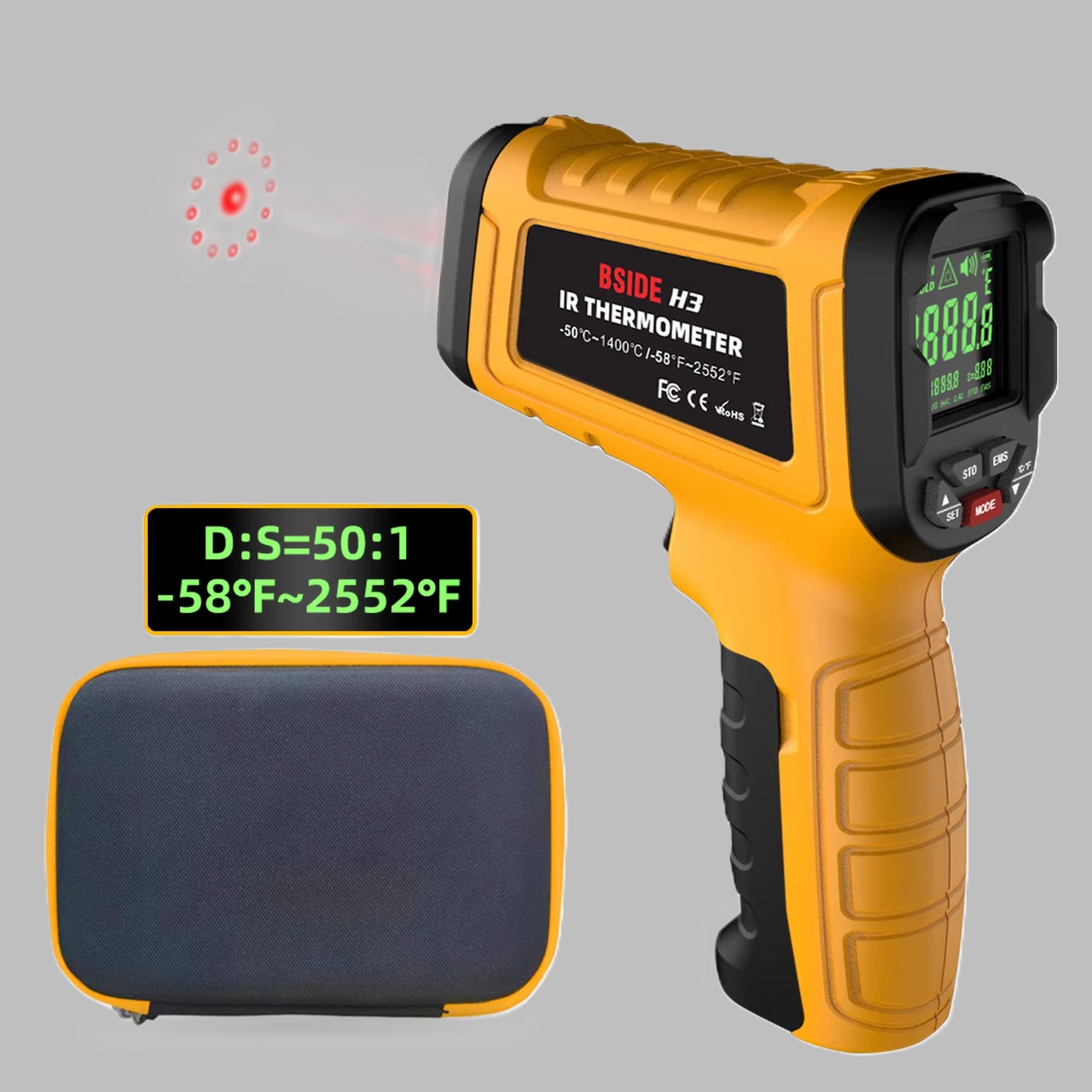 A yellow infrared thermometer displaying a laser pointer and temperature range on an LCD screen, with a protective case included.