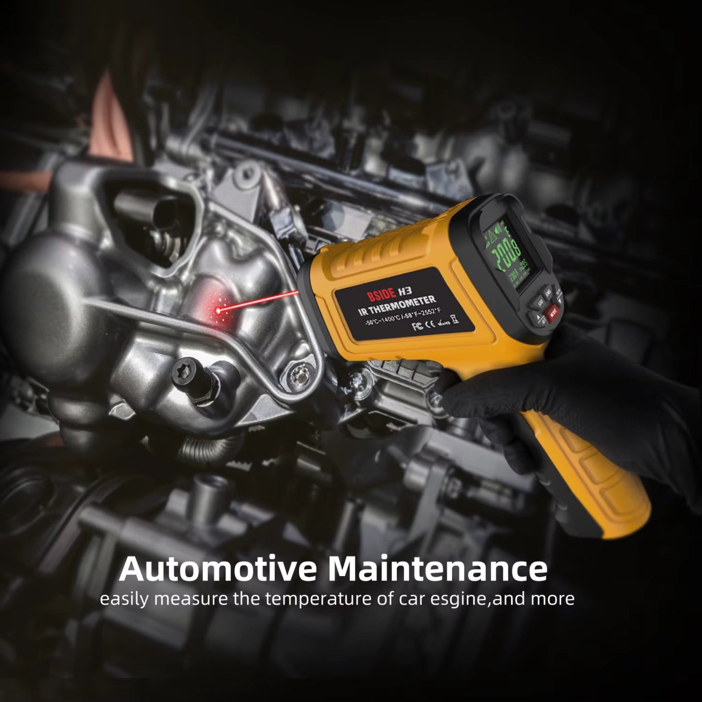 A yellow infrared thermometer being used to check the temperature of a car engine, highlighting automotive maintenance applications.
