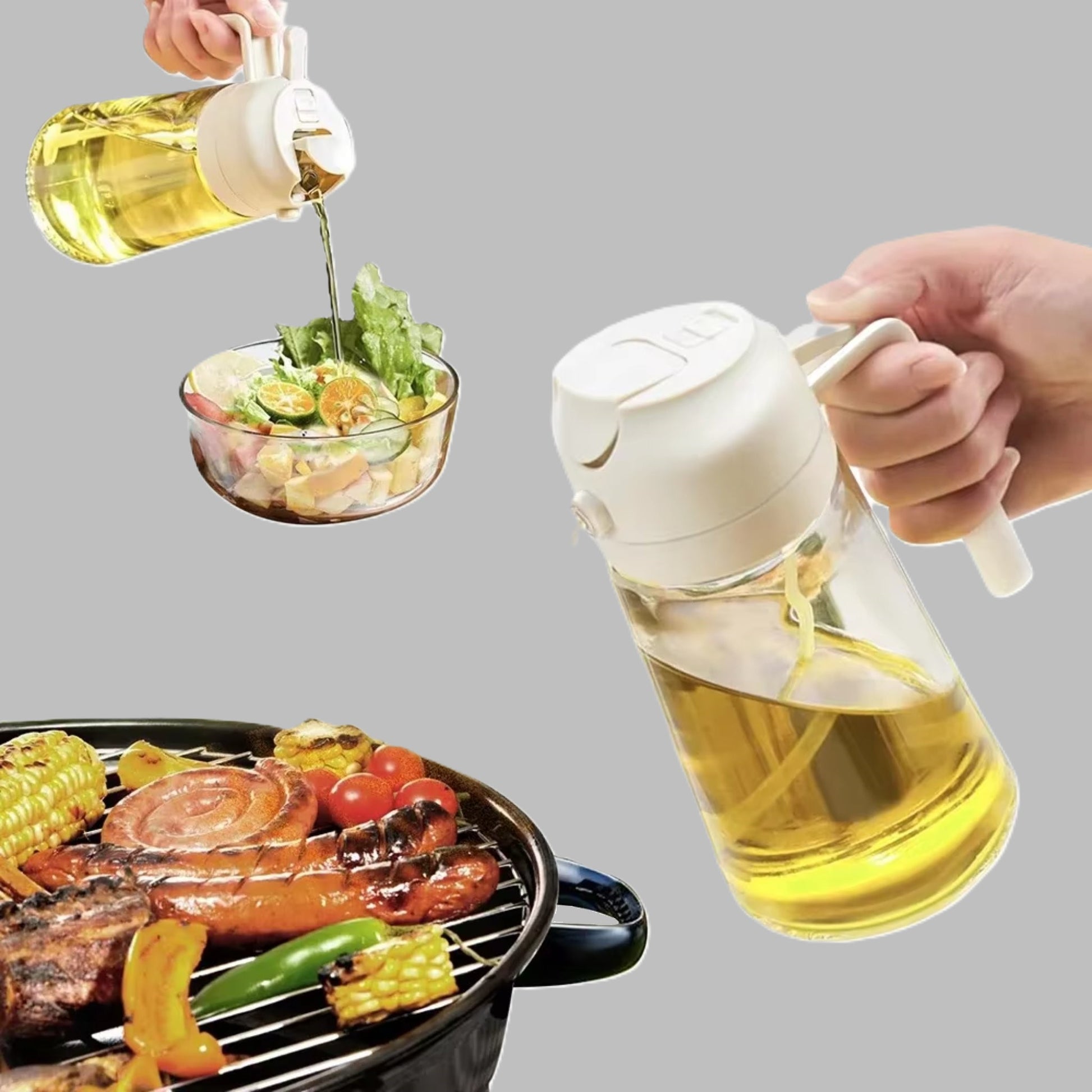 White oil dispenser used to pour oil onto salad and grilled food, emphasizing ergonomic and mess-free pouring.