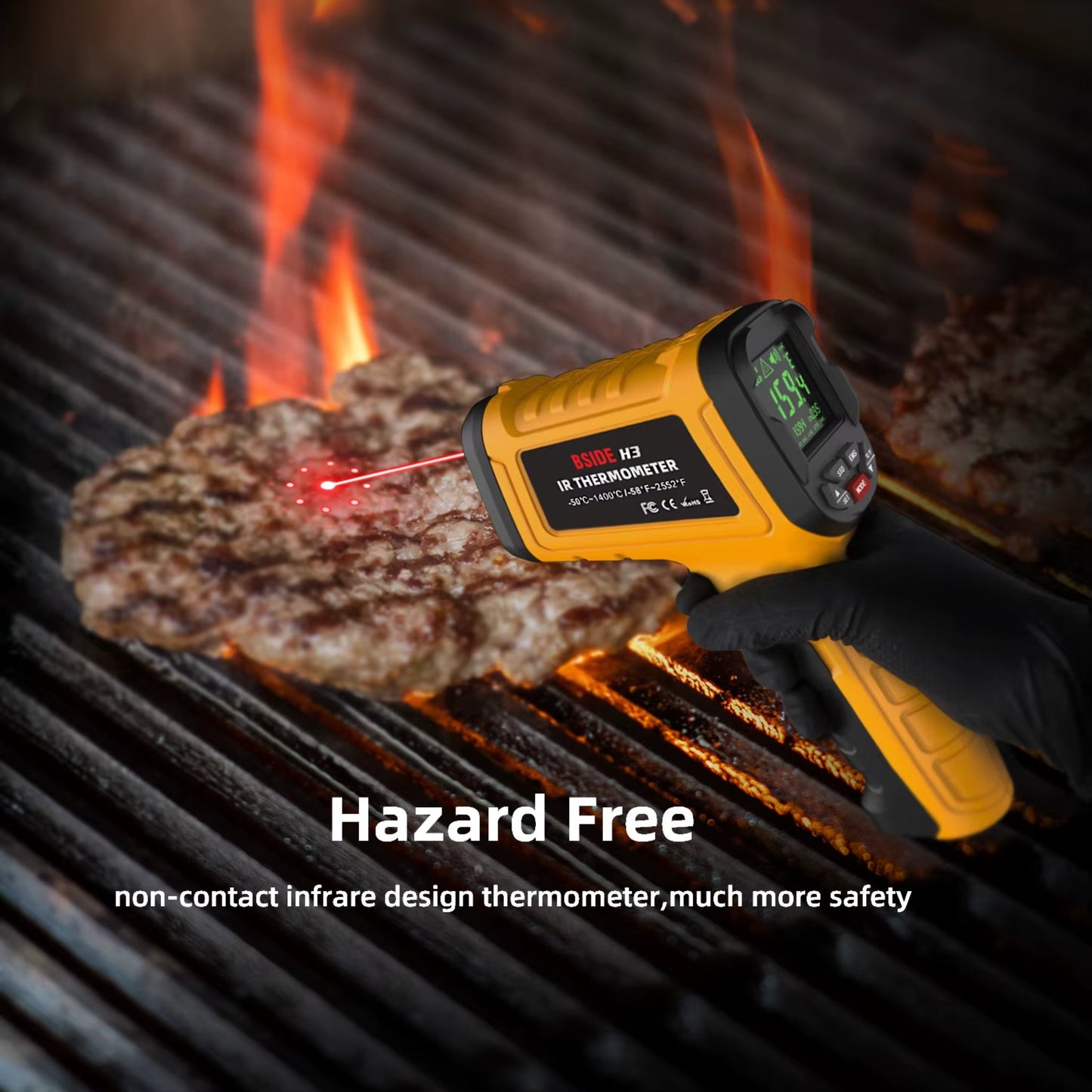 A yellow infrared thermometer measuring the surface temperature of grilled meat with flames in the background, ensuring hazard-free use.
