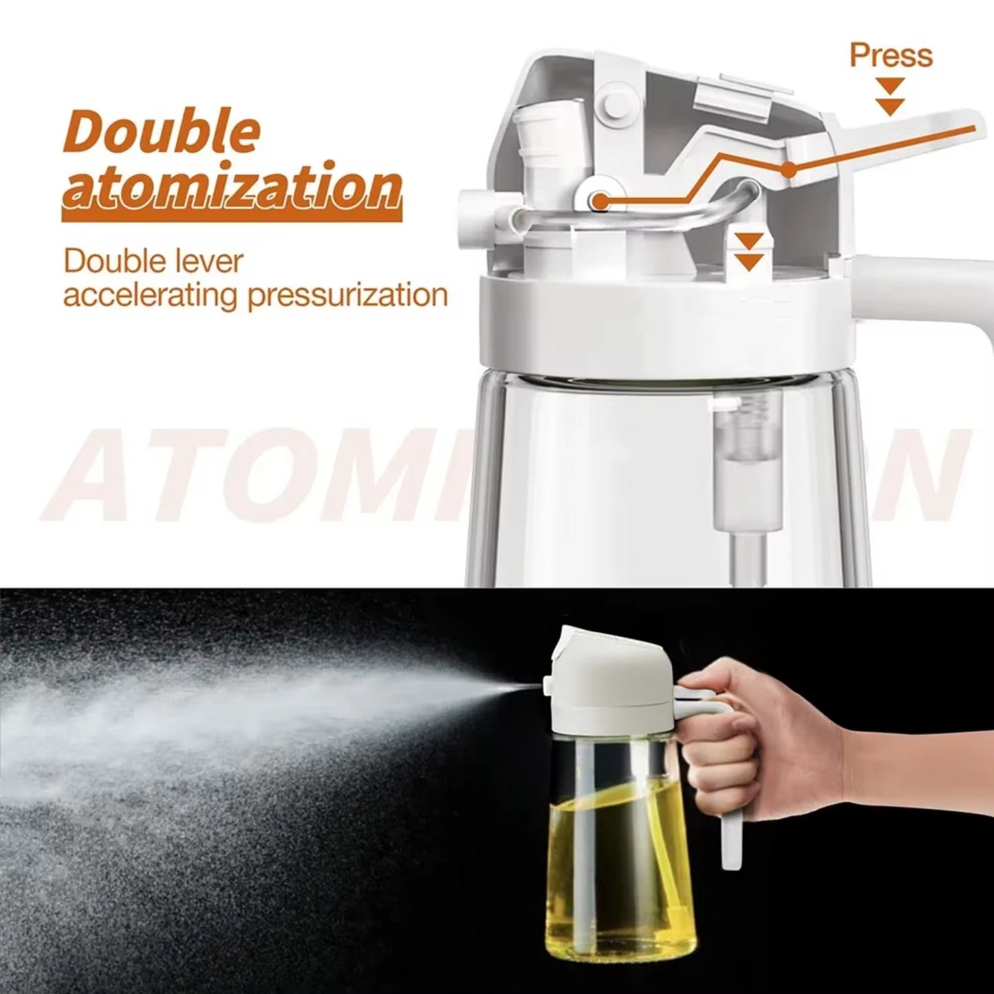 A white dispenser demonstrating double atomization with a spray of fine oil mist under the pressurized lever system.