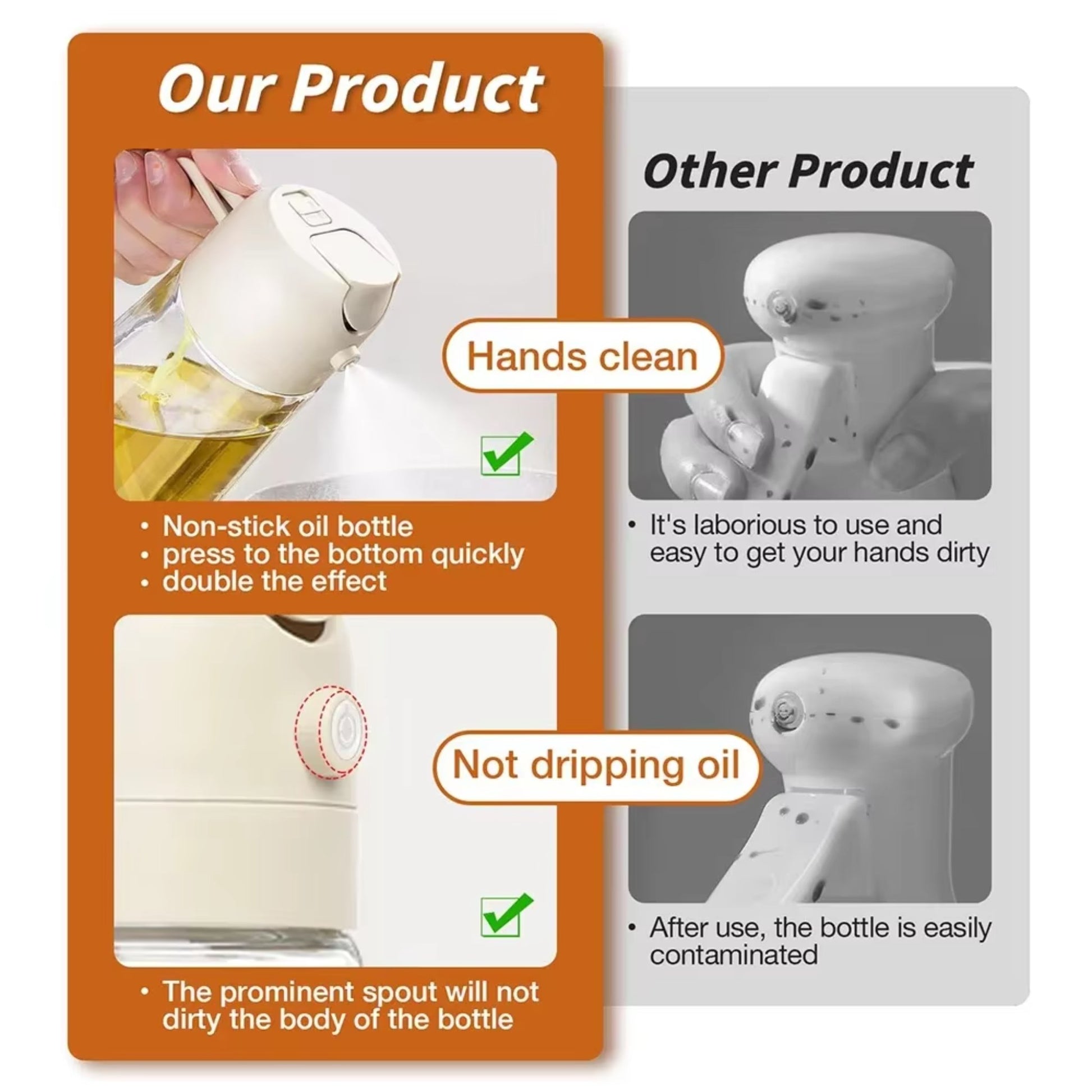 A comparison showing the clean, drip-free design of the dispenser versus traditional, mess-prone oil bottles.