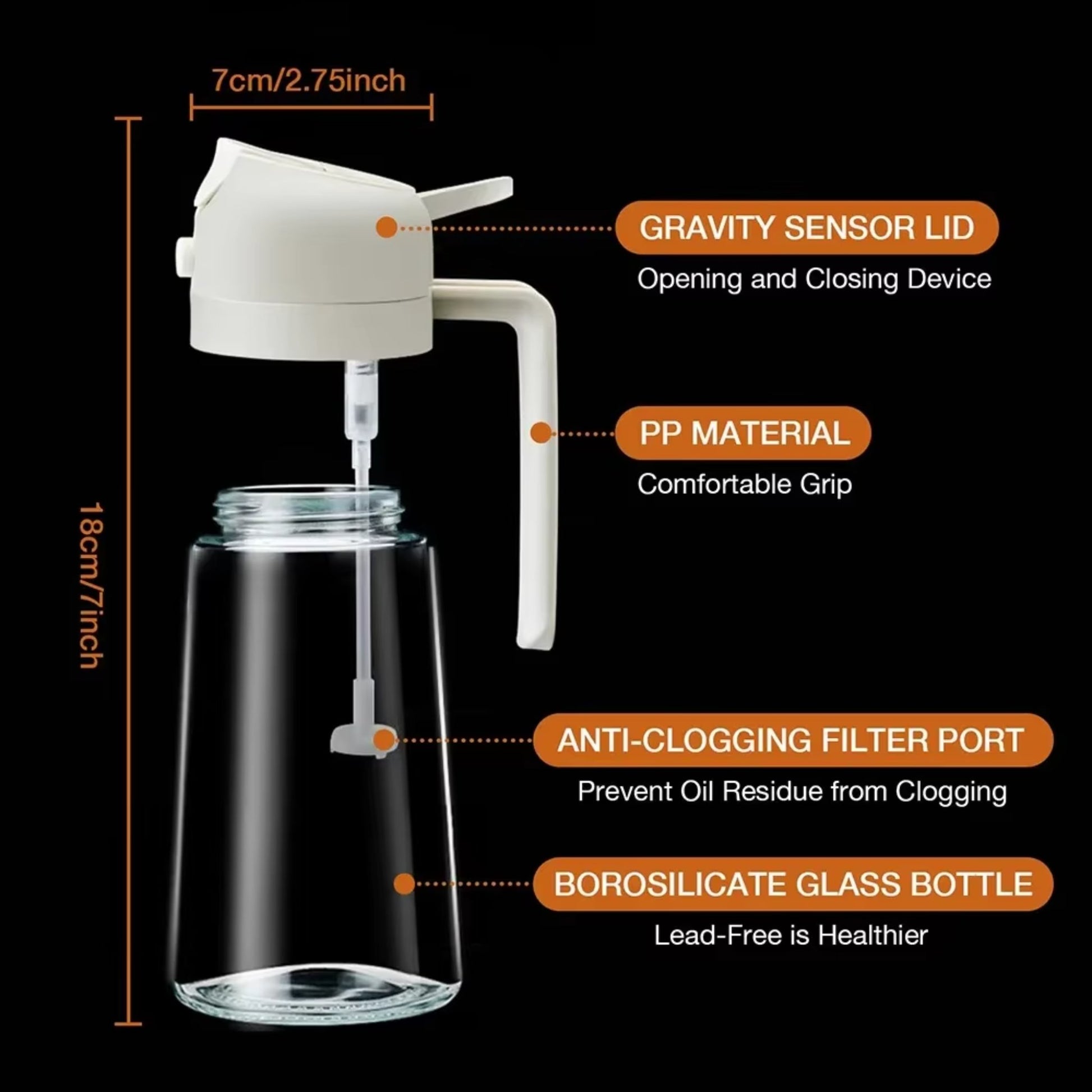 A detailed diagram highlighting the dispenser's features like a gravity sensor lid, borosilicate glass body, and anti-clogging port.