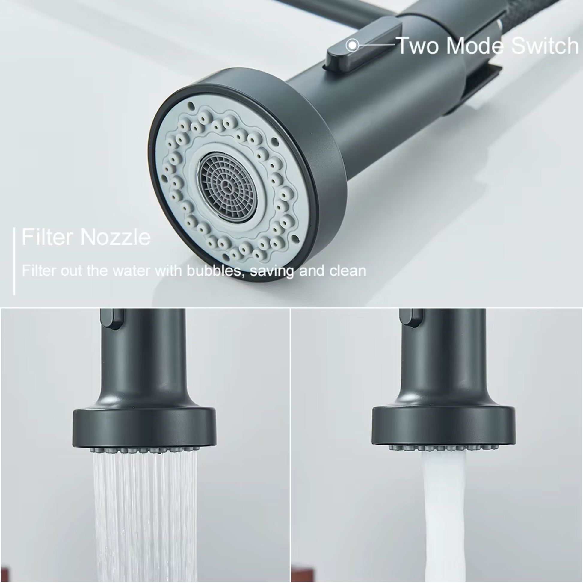 Close-up of a kitchen faucet spray head with a two-mode switch, showing both stream and spray water flow options.