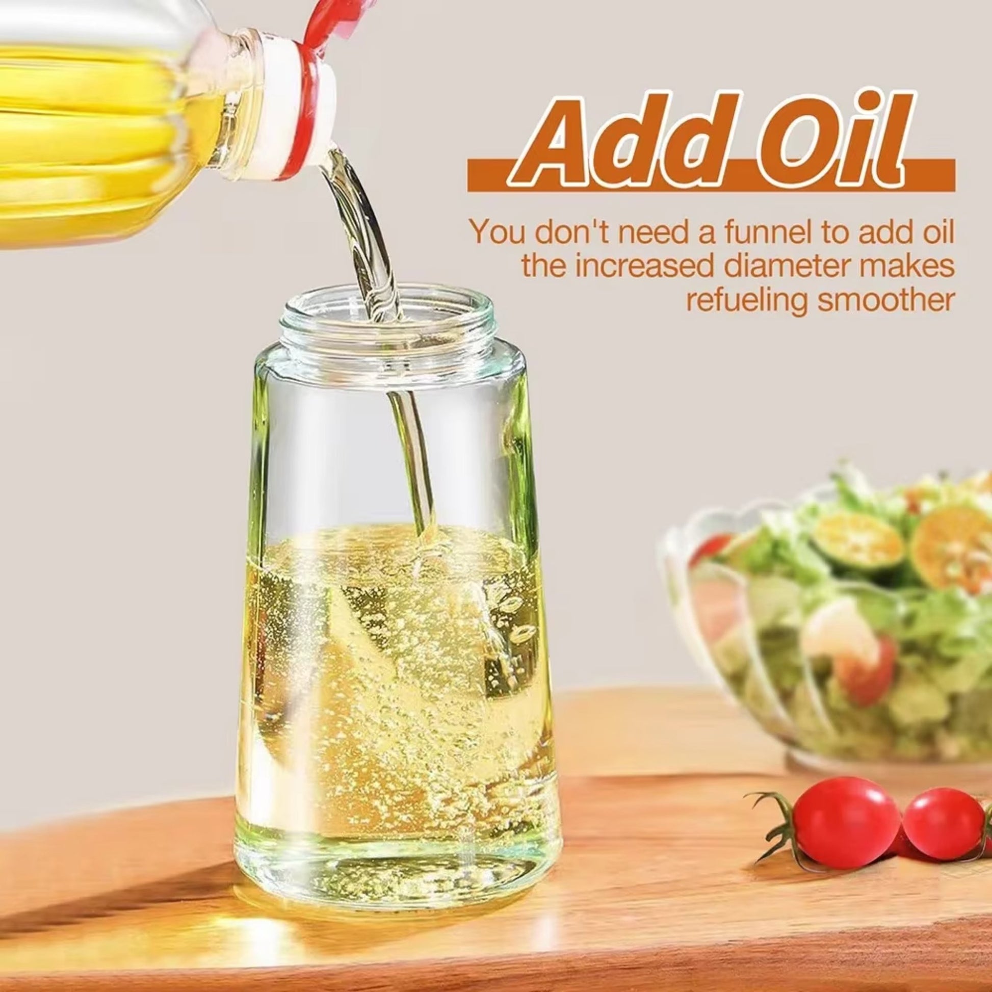 An open glass bottle with a wide mouth being refilled with oil, showing the smooth, funnel-free refilling process.