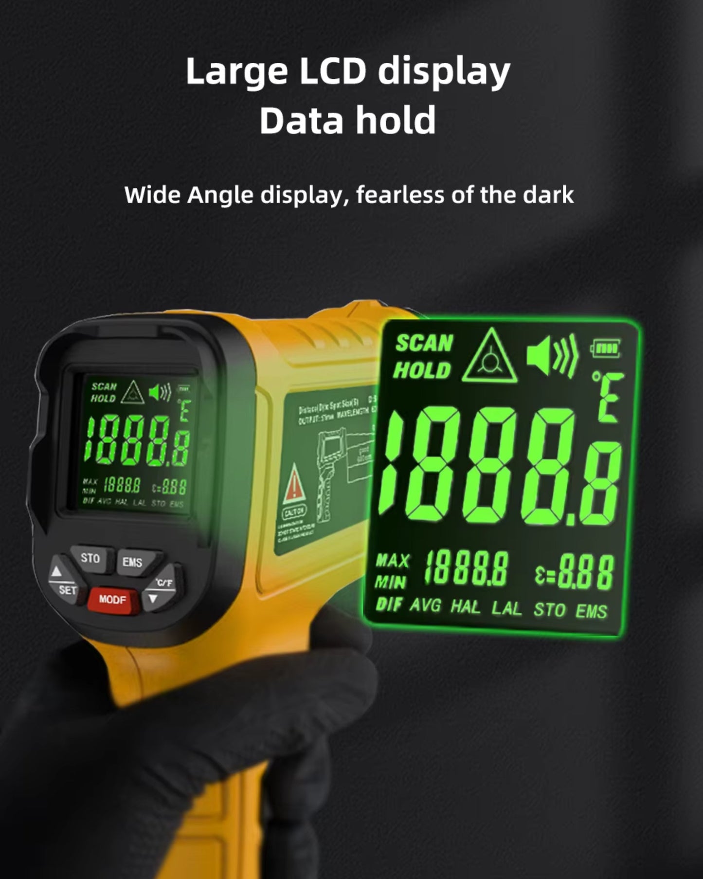 A yellow infrared thermometer with a large illuminated LCD screen, showcasing clear temperature readings and data hold features.