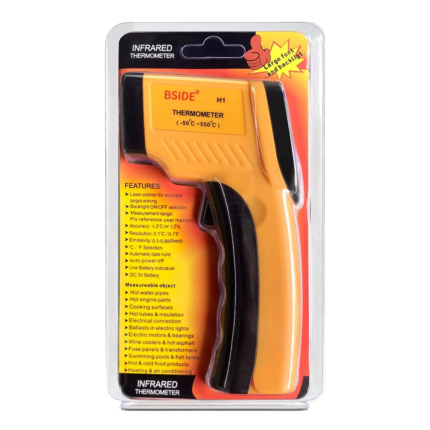 Infrared thermometer in retail packaging with a list of features visible, designed for easy consumer accessibility.