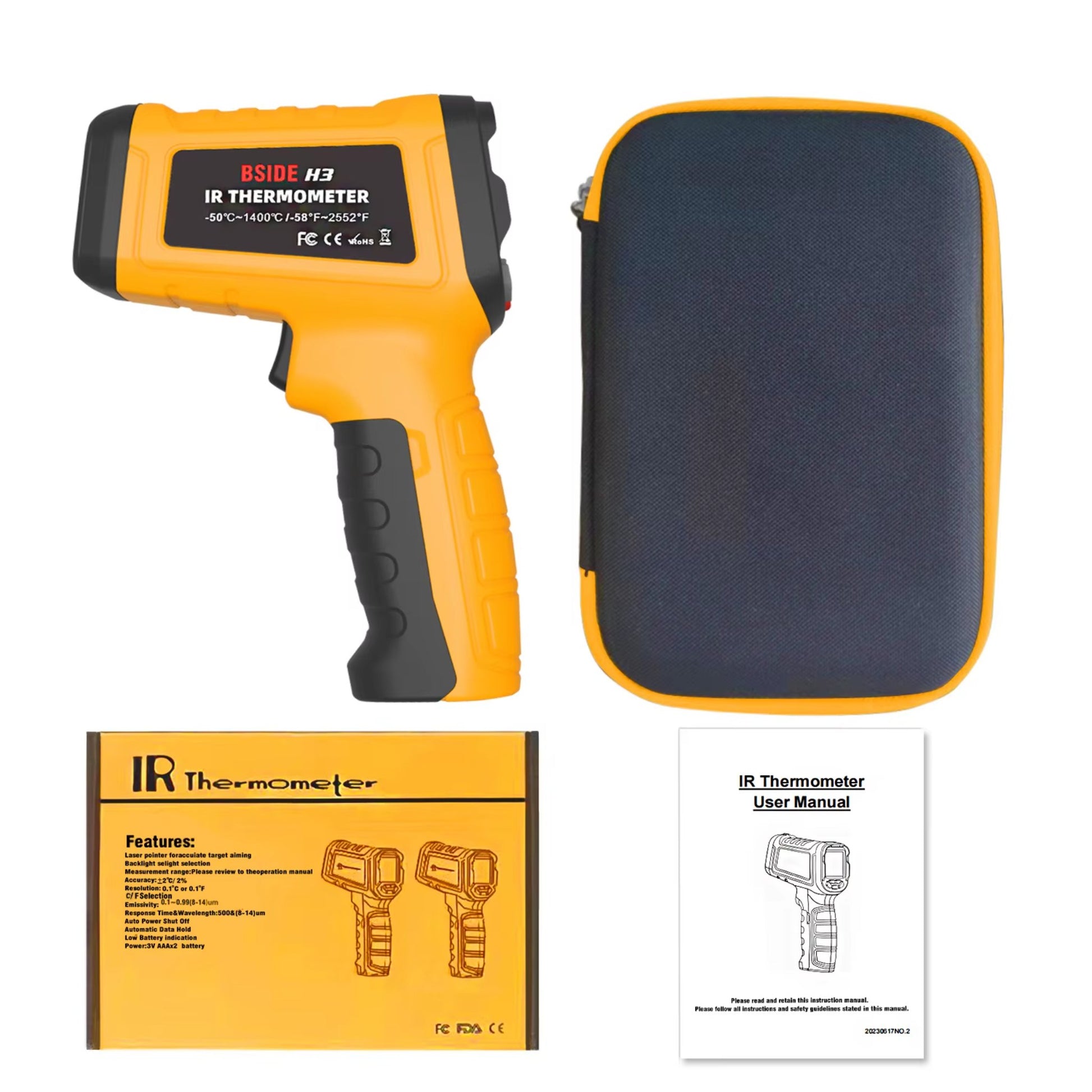 A yellow infrared thermometer alongside its carrying case, user manual, and product guide, neatly displayed.