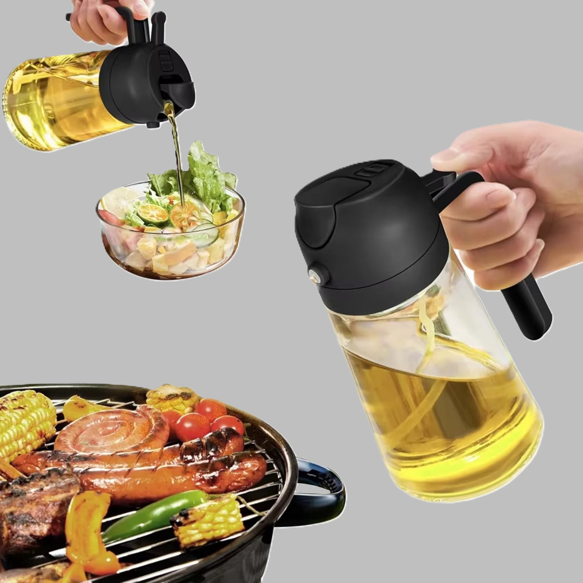 A hand pouring oil from a black dispenser onto a salad and grilled meat, showing the versatility of the product.