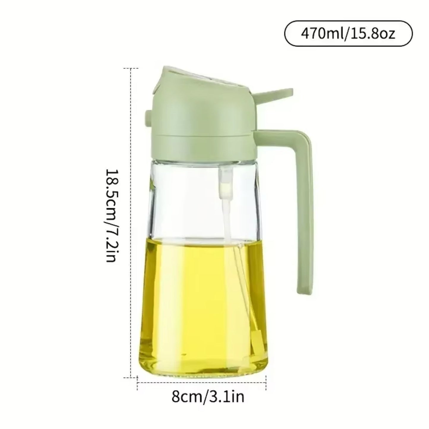 A green 470ml oil dispenser with dimensions displayed, showcasing a sleek and compact design.