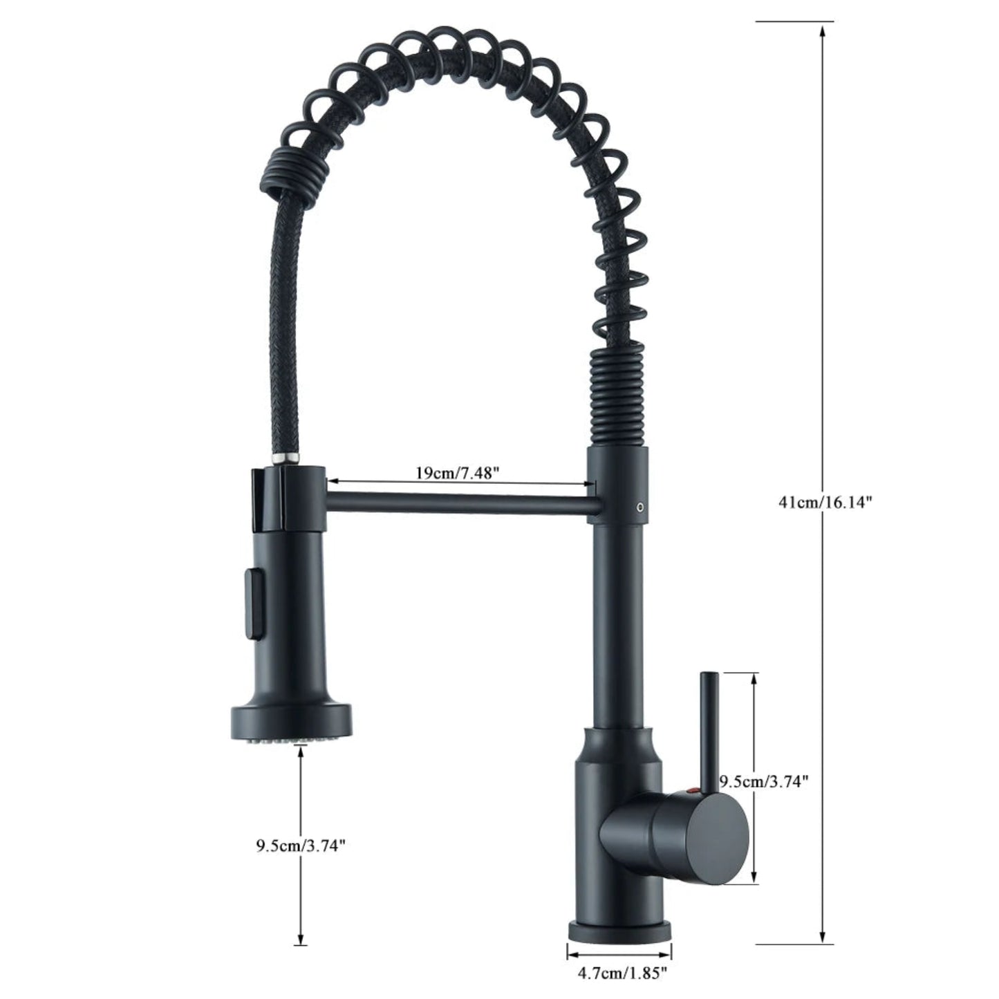 Matte black pull-down kitchen faucet with measurements, featuring a spring coil design and ergonomic handle.
