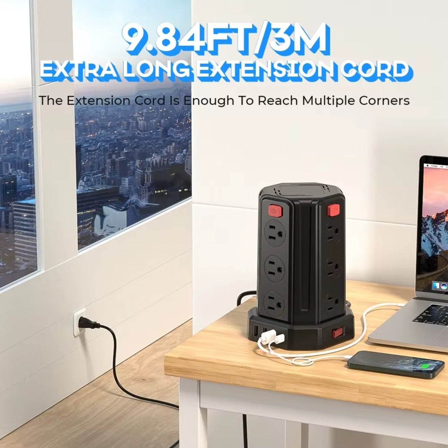 Black power strip tower with 9.84ft cord charging laptop and phone on desk, surge protector for home office.