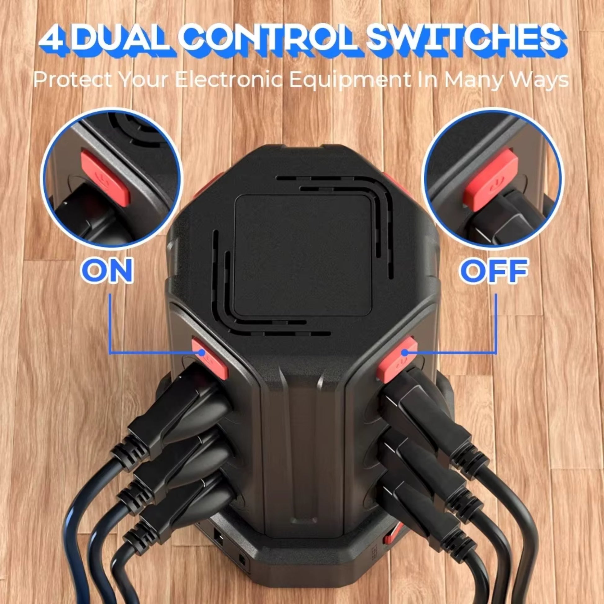 Power strip with 4 control switches, surge protector for multi-device charging on wooden floor.