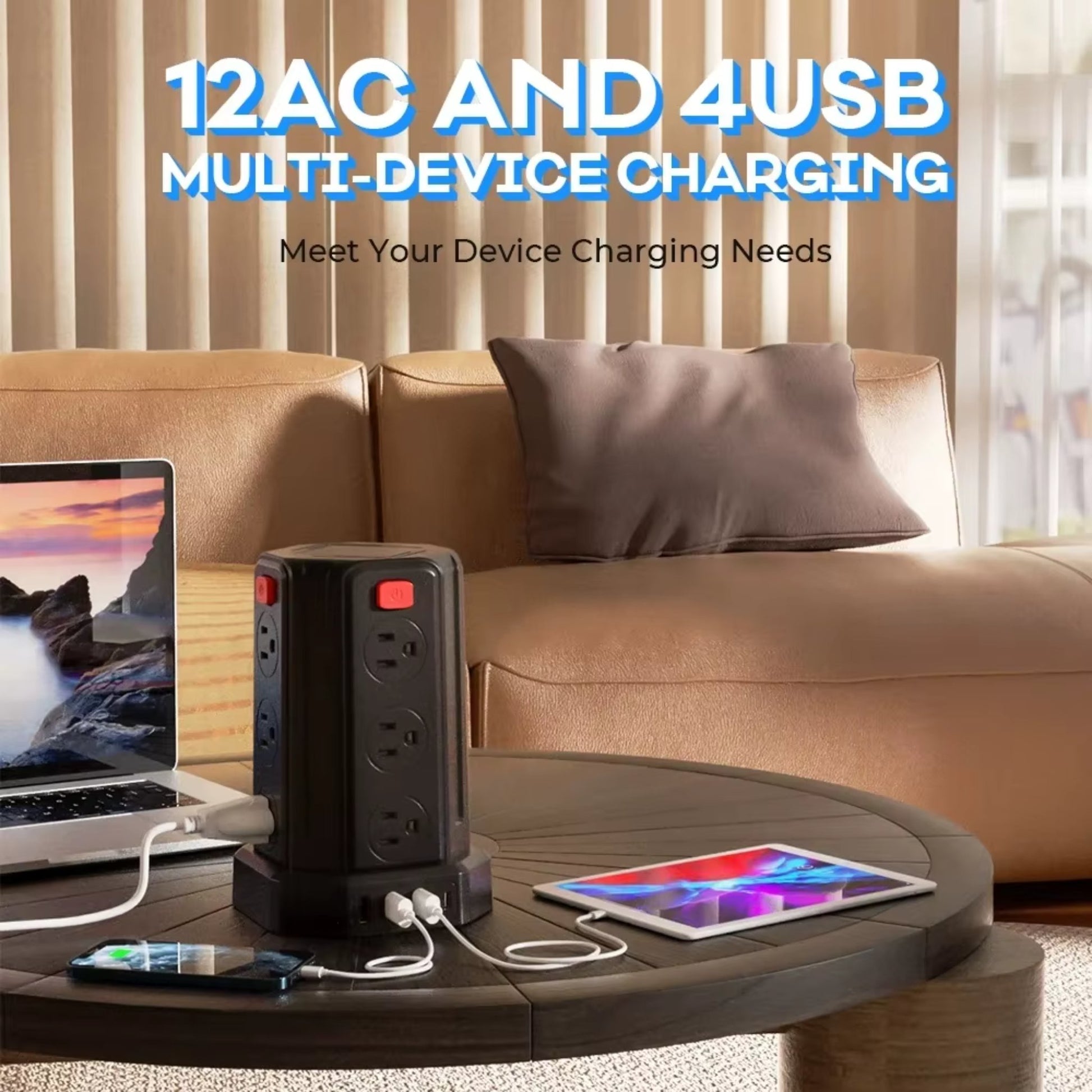 Power strip with 12AC and 4USB ports, surge protector charging devices on coffee table.