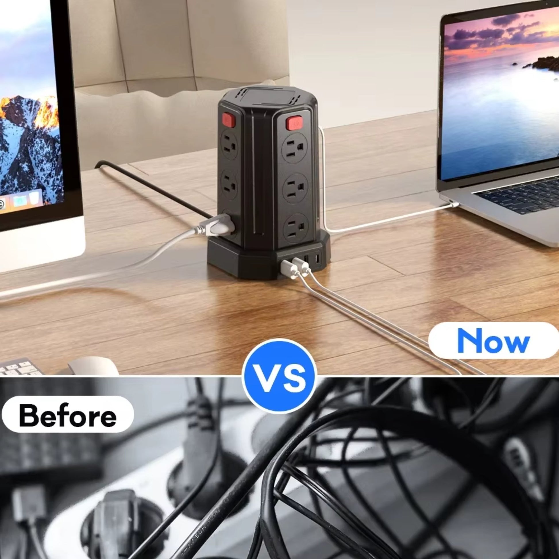 Power strip tower on desk, surge protector tidying cables vs. cluttered cords before use.