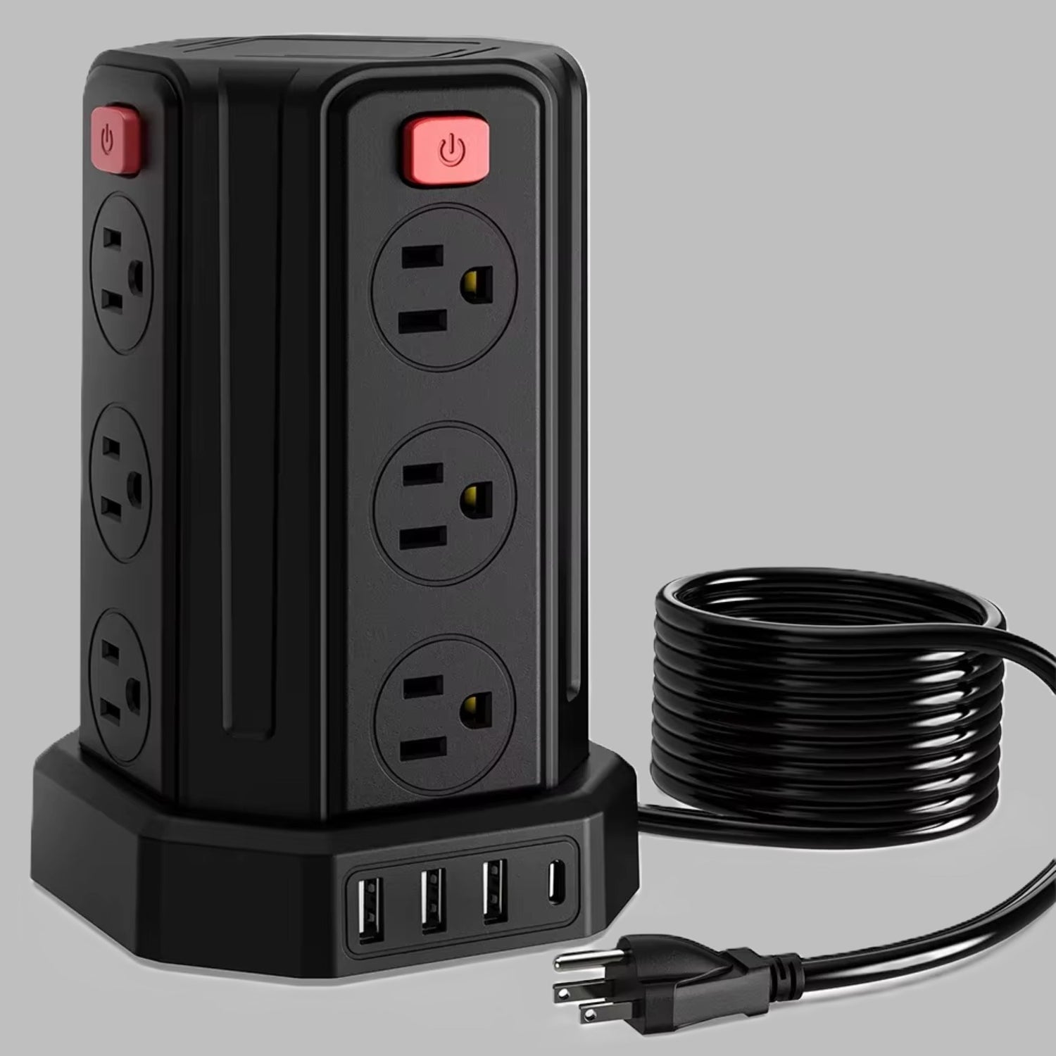 Black power strip tower with 12AC and 4USB ports, surge protector with 3m cord.